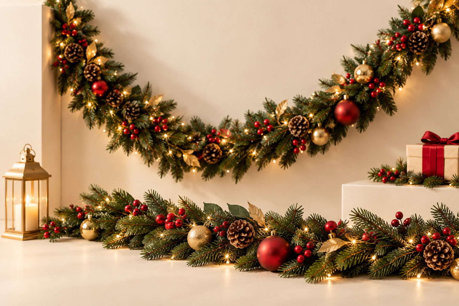 Festive greenery and warm lights arranged for Christmas