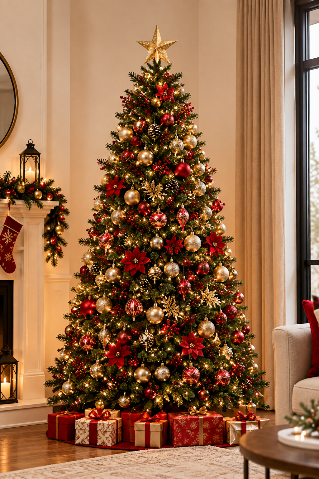 A warmly lit Christmas tree with red and gold decorations